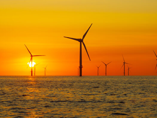 Beautiful sunset at the North Sea offshore wind farm