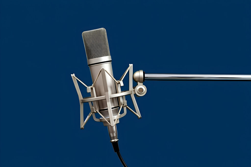 Condenser microphone on red background